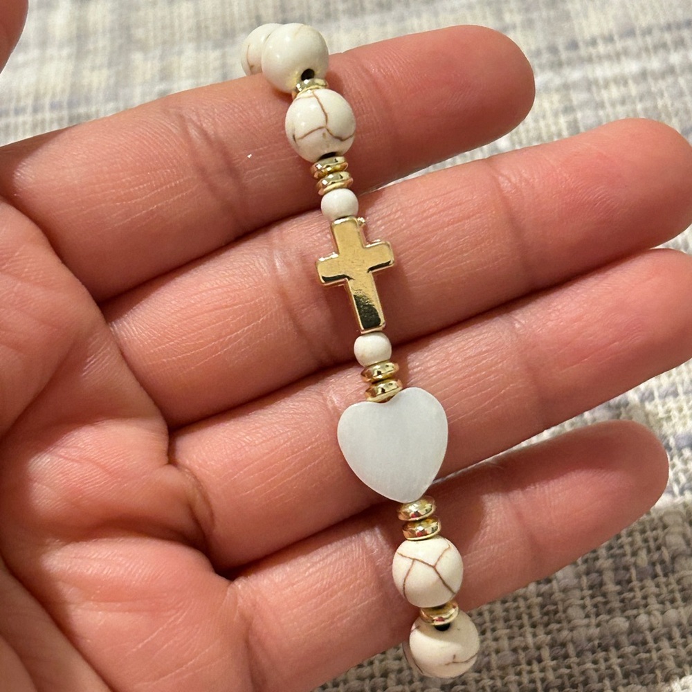Gold Cross and White Heart Beaded Bracelet - Women